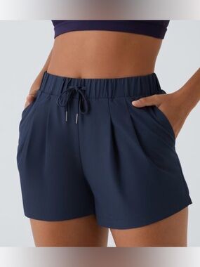 Halara High Waisted Elastic Waistband Drawstring Pleated Yoga Shorts 3" Pockets